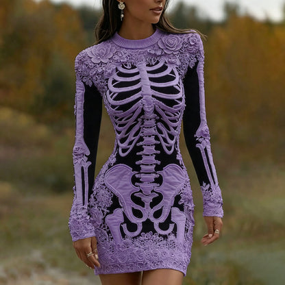 Women's Vintage Halloween Skeleton Bones With Rose Art Cozy Knit Mini Sweater Dress