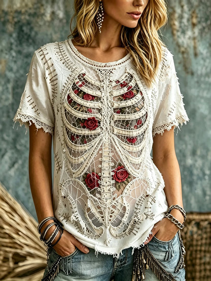 Women's Retro Halloween Skull And Rose Bloodstained Pattern Casual Crew Neck T-shirt