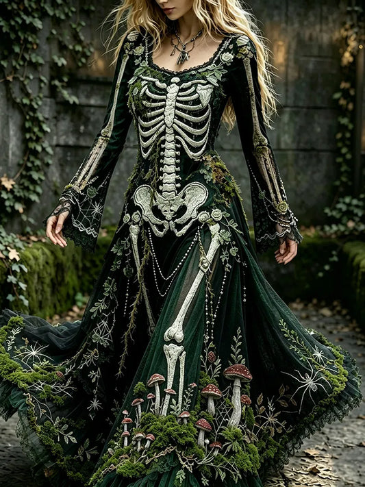 Women's Retro Forest Green Moss And Human Skeletal Art Pattern Maxi Dress