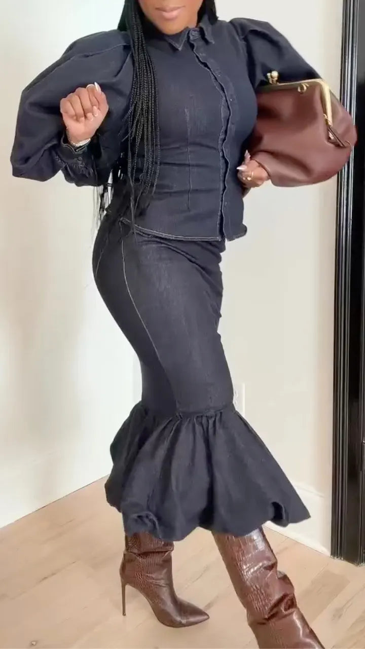 Lapel Puff-Sleeve Top + Fishtail Skirt Set