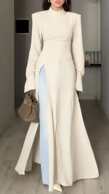 Beige Structured High-Neck Maxi Tunic