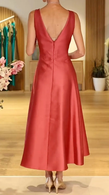 Coral Sleeveless Satin Midi Swing Dress