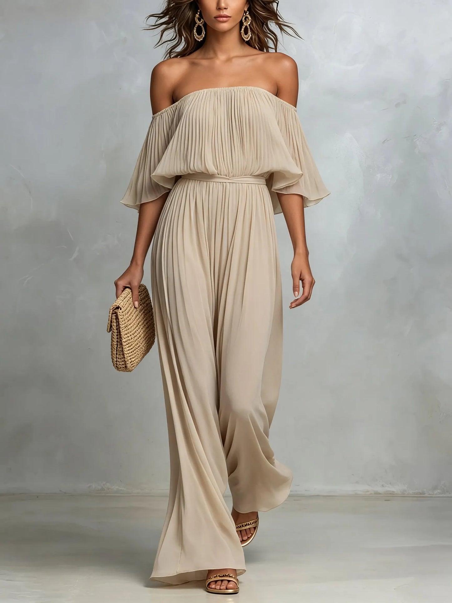 Women's Pleated Off-The-Shoulder Wide-Leg Jumpsuit