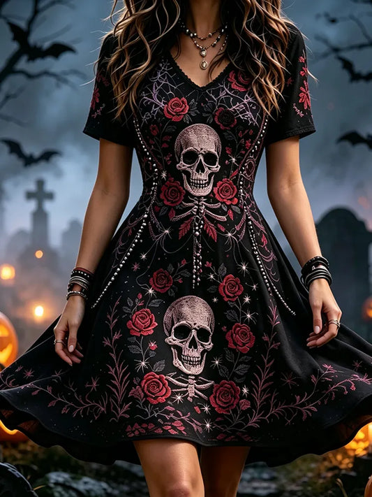 Women's Halloween V-neck Short-sleeve Skull And Floral Dress
