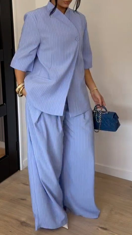 Pinstripe Stand Collar Blazer & Wide Leg Pants Co‑Ord Set