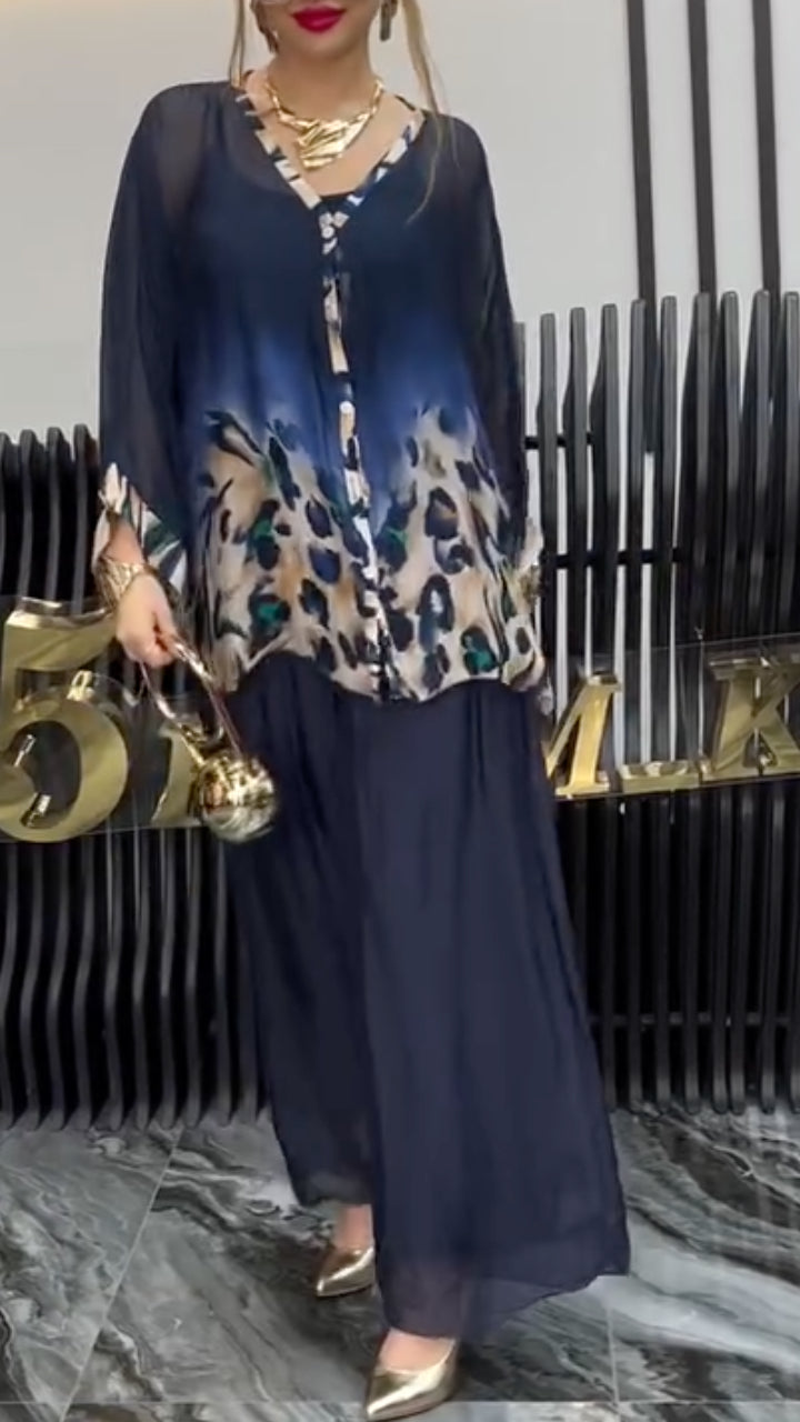 Gradient Leopard Print Chiffon Shirt & Wide Leg Pants Two Piece Se