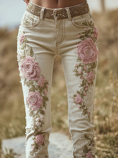 Bohemian Style Pink Rose Embroidery Pattern Women's Skinny Jeans