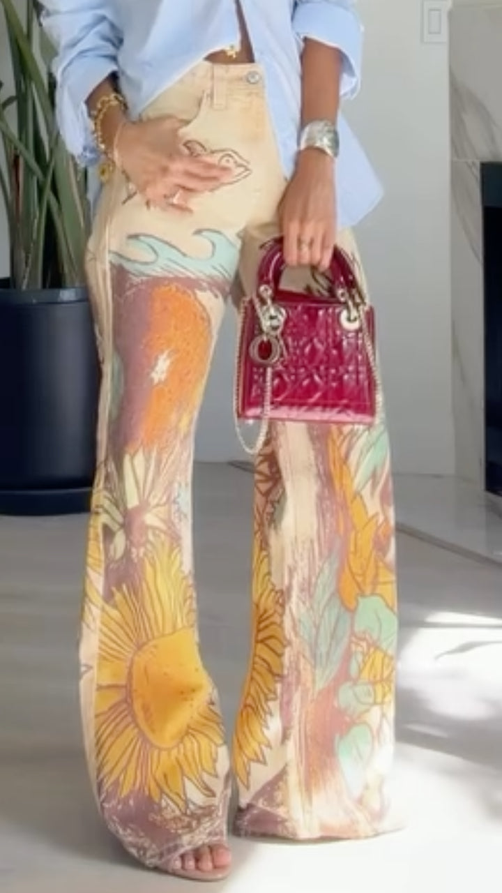 Sunflower Print Flare Jeans & Blue Shirt