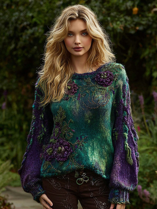 Women's Vintage Purple Floral Chunky Knit Crew Neck Sweater