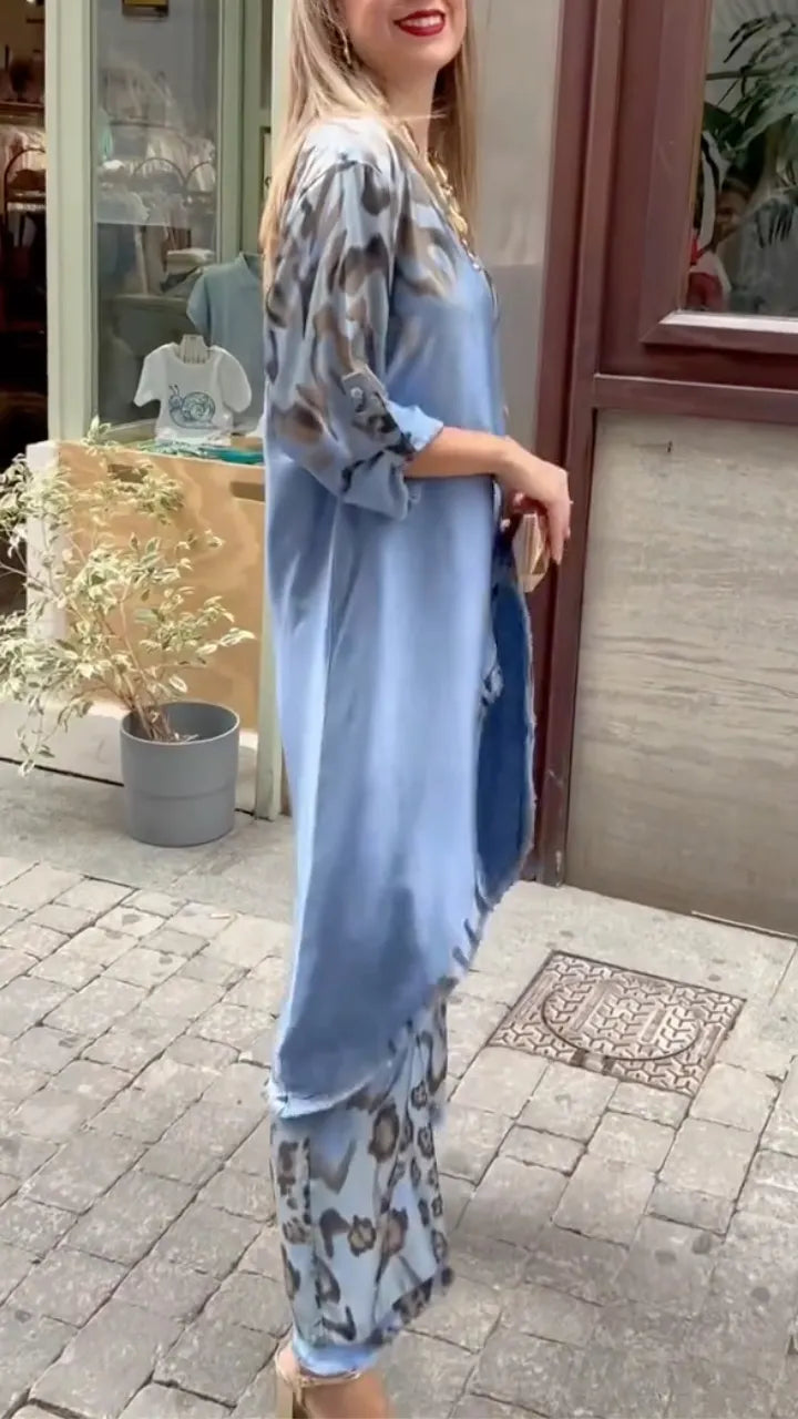 Women's Round Neck Leopard Print Satin Casual Suit