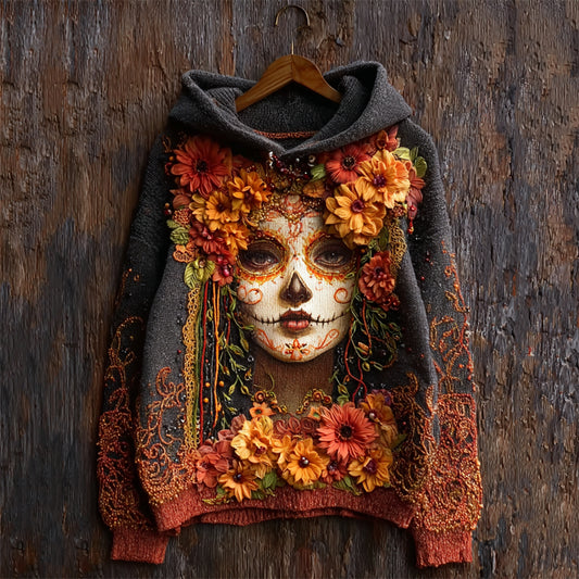 Day Of The Dead Sugar Skull Woman Flowers Lace Fiber Art Cozy Knit Hooded Sweater