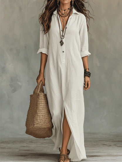 Black Button-down Front-opening Loose-fitting Shirt Maxi Dress
