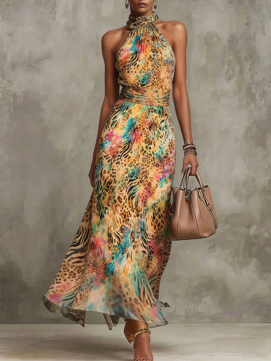 Women'sHalter Neck Colorful Animal Print Chiffon Maxi Dress With Pockets