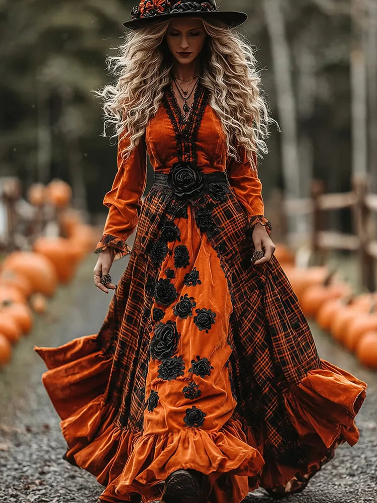 Women's  Classic Halloween Black Roses And Orange Plaid Art Comfy Velvet Maxi Dress