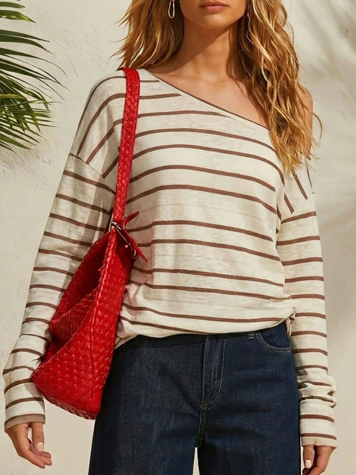 Women’s Off Shoulder Striped Loose Long Sleeve Cotton Linen Top