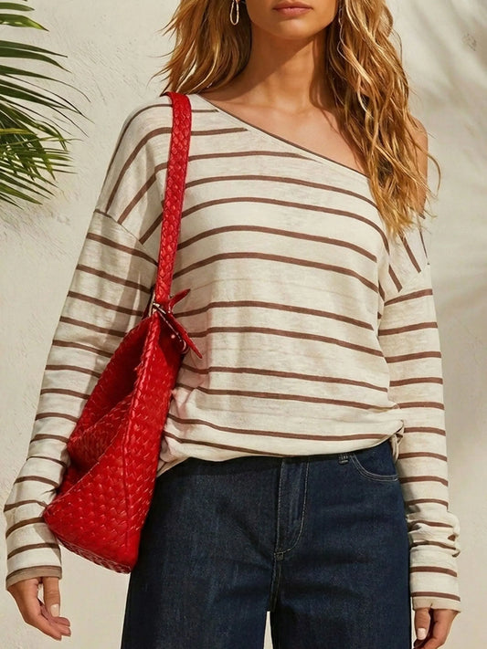Women’s Off Shoulder Striped Loose Long Sleeve Cotton Linen Top