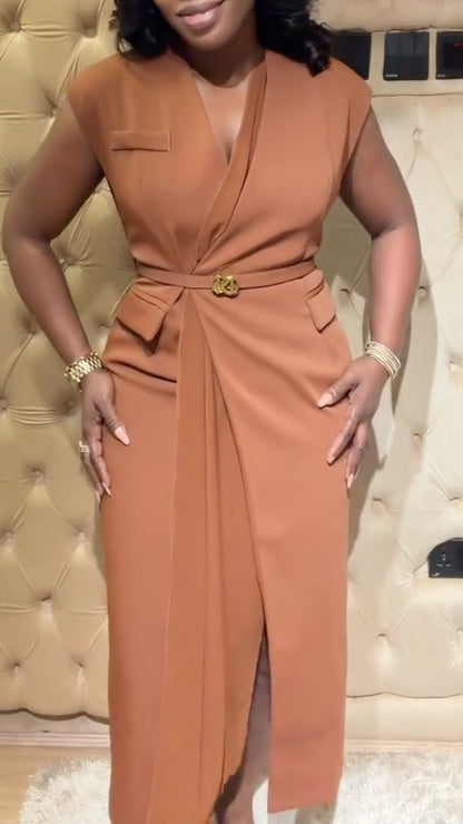 Women's V-Neck, Waist-Cinching, Slit Maxi Dress (Professional Style)