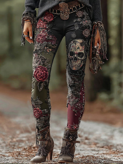 Rose Skull Gothic Patchwork Rock Leggings