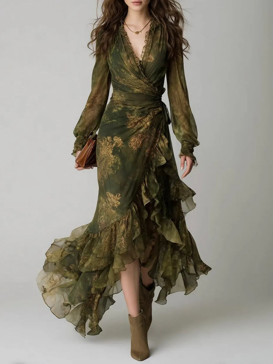 Green Floral Print Irregular Layered Ruffle Chiffon Maxi Dress