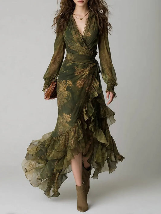 Green Floral Print Irregular Layered Ruffle Chiffon Maxi Dress