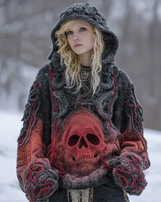 Halloween Themed Gradient Skull Knitted Hooded Sweater 21bb