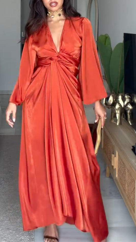 Burnt Orange Satin Wrap Maxi Dress