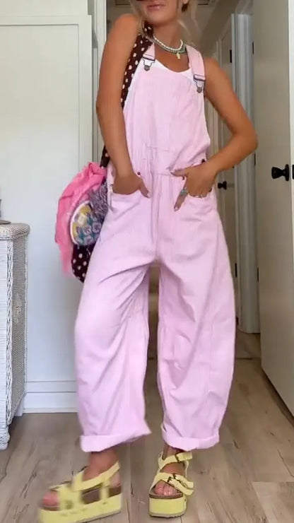 Pastel Pink Corduroy Loose Overalls