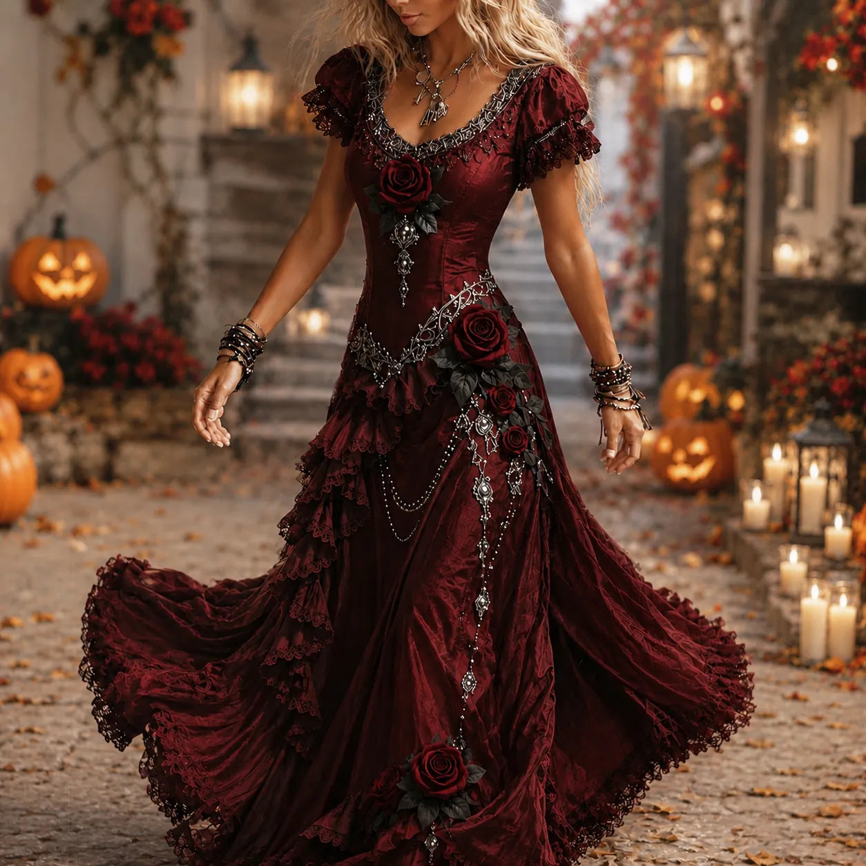 Women's Vintage Rose Art V-neck Short Sleeve Maxi Dress