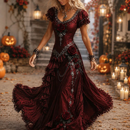 Women's Vintage Rose Art V-neck Short Sleeve Maxi Dress