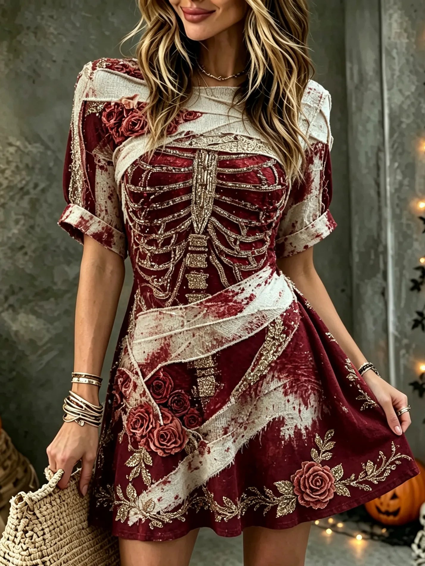 Women's Vintage Halloween Rose And Bloody Art Crew Neck Short Sleeve Mini Dress