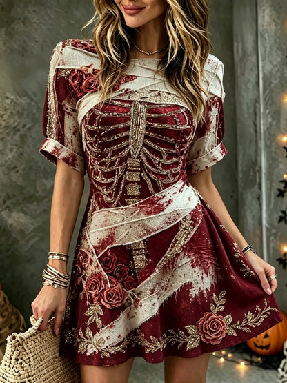 Women's Vintage Halloween Rose And Bloody Art Crew Neck Short Sleeve Mini Dress