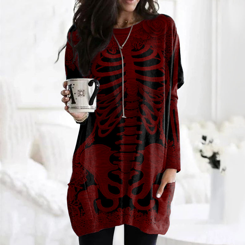 Women's Halloween Skeleton Bones With Rose Art Cozy Knit Turtleneck Mini Sweater Dress