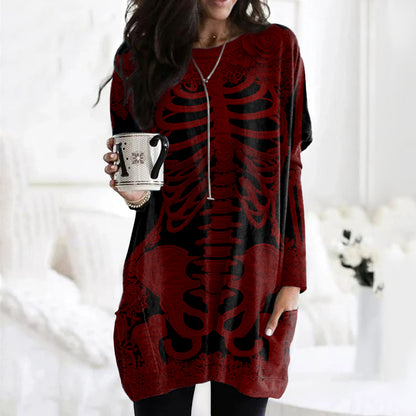 Women's Halloween Skeleton Bones With Rose Art Cozy Knit Turtleneck Mini Sweater Dress