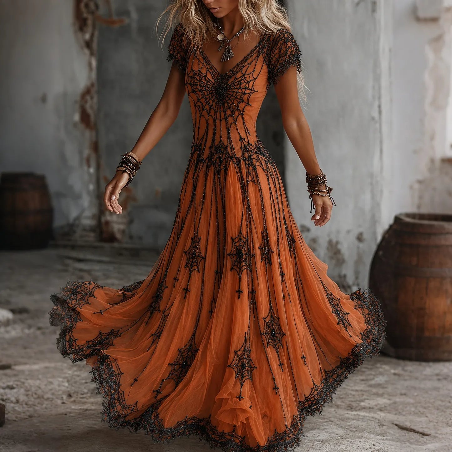 Women's Retro Gothic Spiderweb Lace Print Short-sleeve Mixi Dress