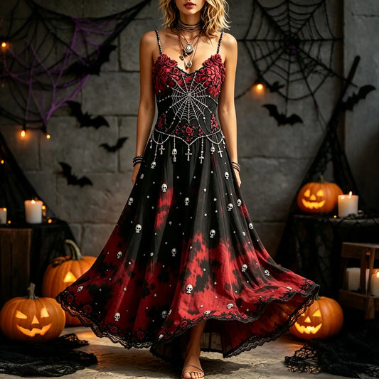Women's Halloween Spider Skull Flower Art Linen Blend Sleeveless Dress