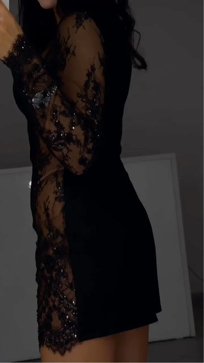 Black Round Neck Lace Asymmetrical Mini Dress