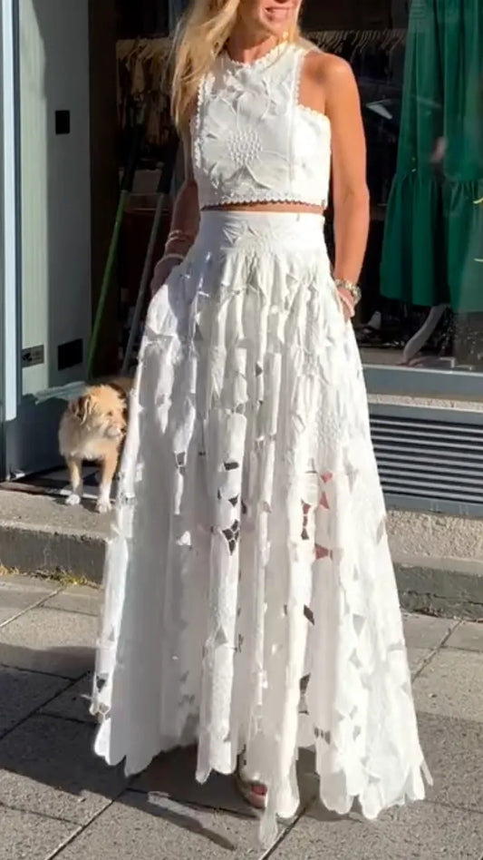 Floral Lace Crop Top Maxi Skirt Two-Piece Set