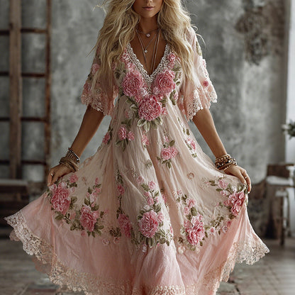 Women's Vintage Pink Floral Art Embroidered Flowy Maxi Dress