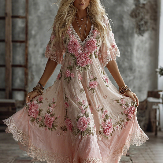 Women's Vintage Pink Floral Art Embroidered Flowy Maxi Dress