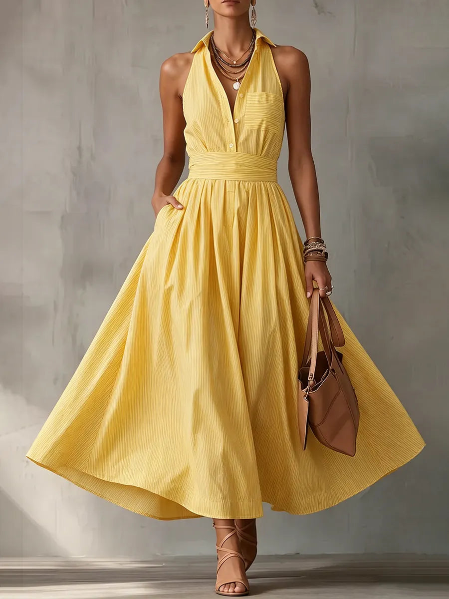 Sun-drenched Yellow Striped Maxi Dress - Cruise-ready Halter Neck Sundress
