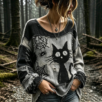Women's Vintage Shock Spider Black Cat Patchwork Art Long Sleeve T-shirt