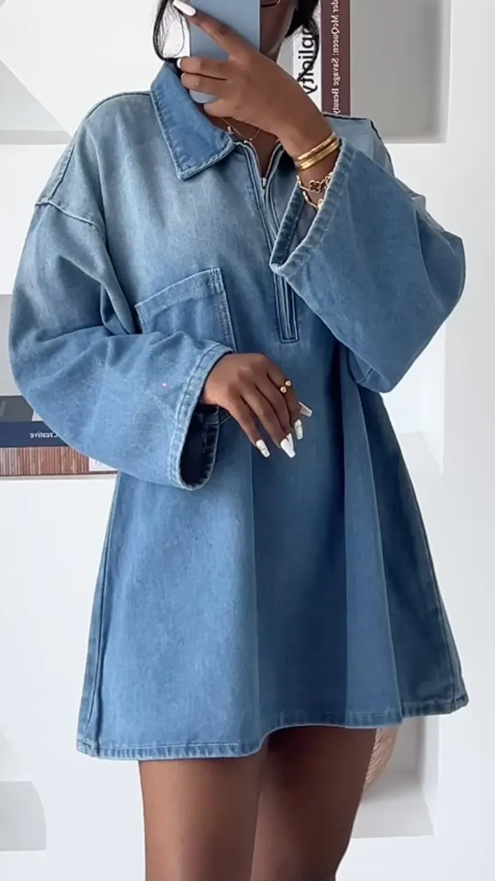 Oversized Half-Zip Denim Mini Dress
