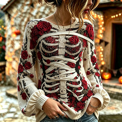 Women's Retro Halloween Bloody Human Skeleton With Floral Art Casual Long Sleeve Tops