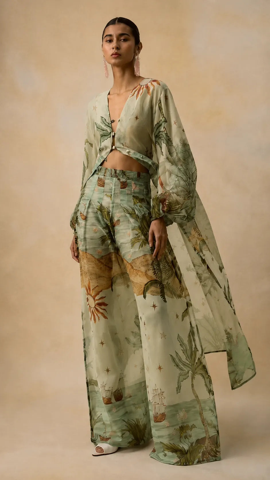 Tropical Voyage Print Sheer Cropped Top & Wide-Leg Pant Two-Piece