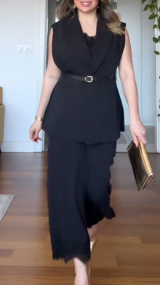 Black Belted Blazer Vest and Culottes Set