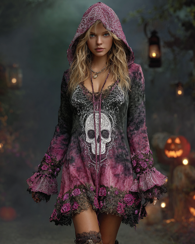 Halloween Gradient Skull Floral Embroidery Lace Panel Knitted Hooded Dress 640d