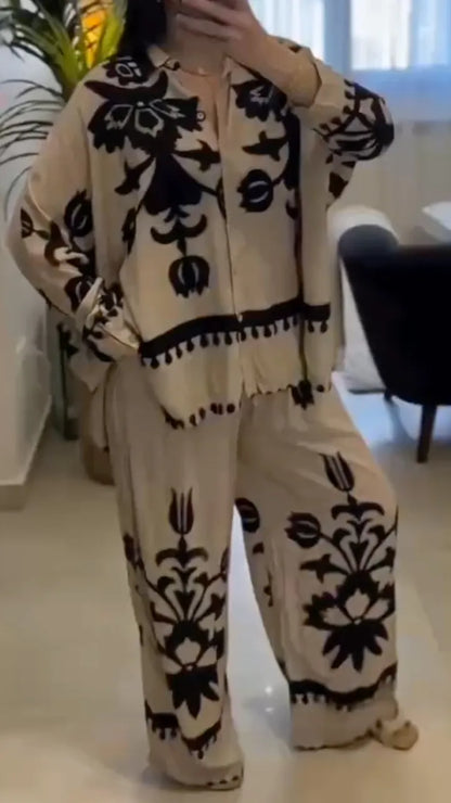 Beige Black Floral Print Co-Ord Set