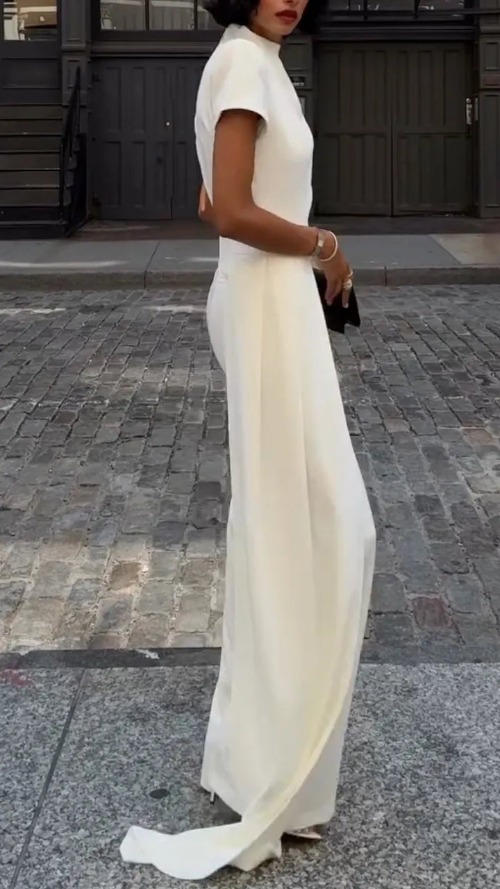 White High-Neck Cape Detail Suit Set