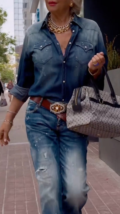 Dark Blue Denim Shirt & Light Wash Jeans Outfit