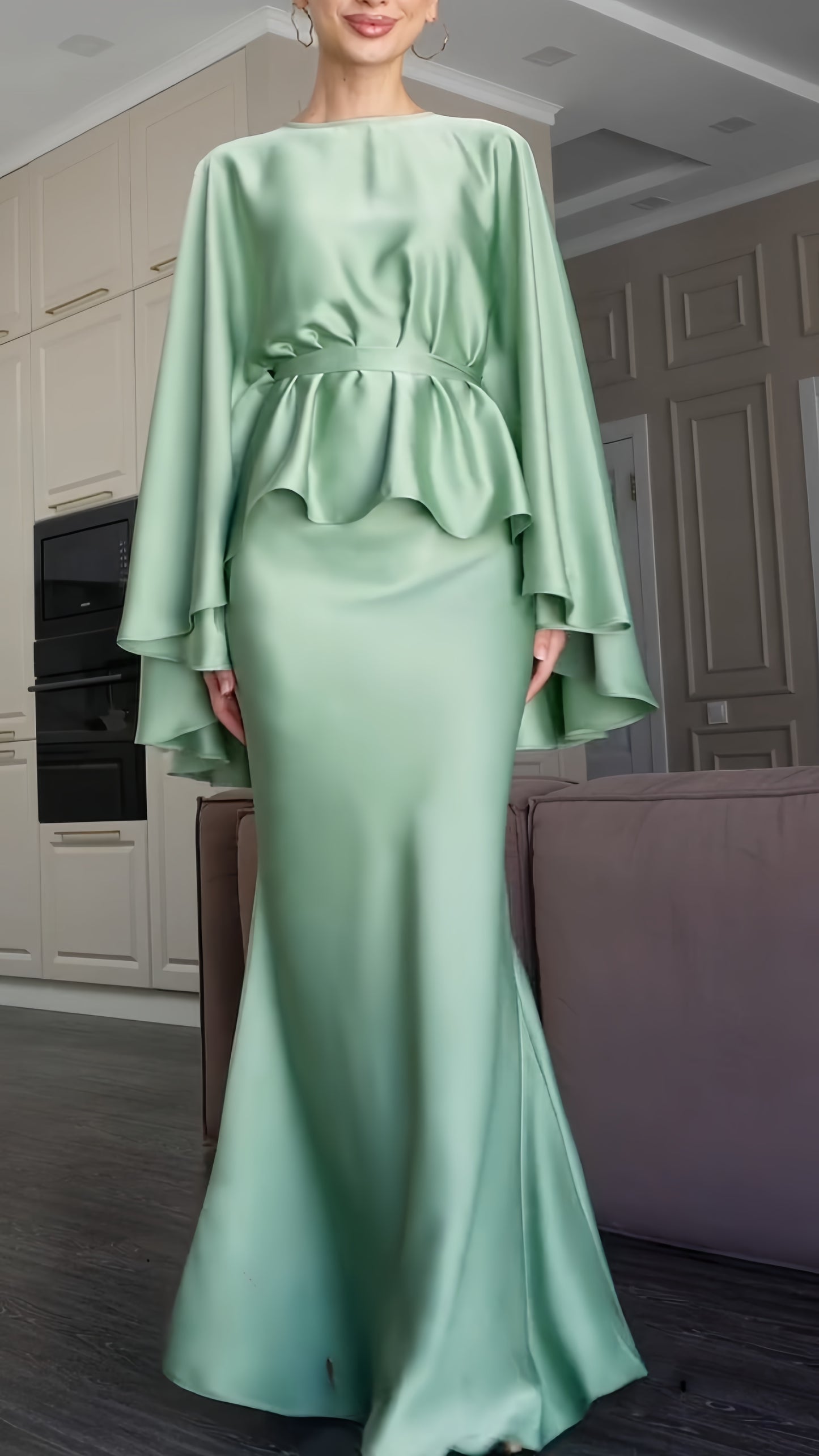 Cape Sleeve Satin Top & Mermaid Maxi Skirt Co‑Ord Set